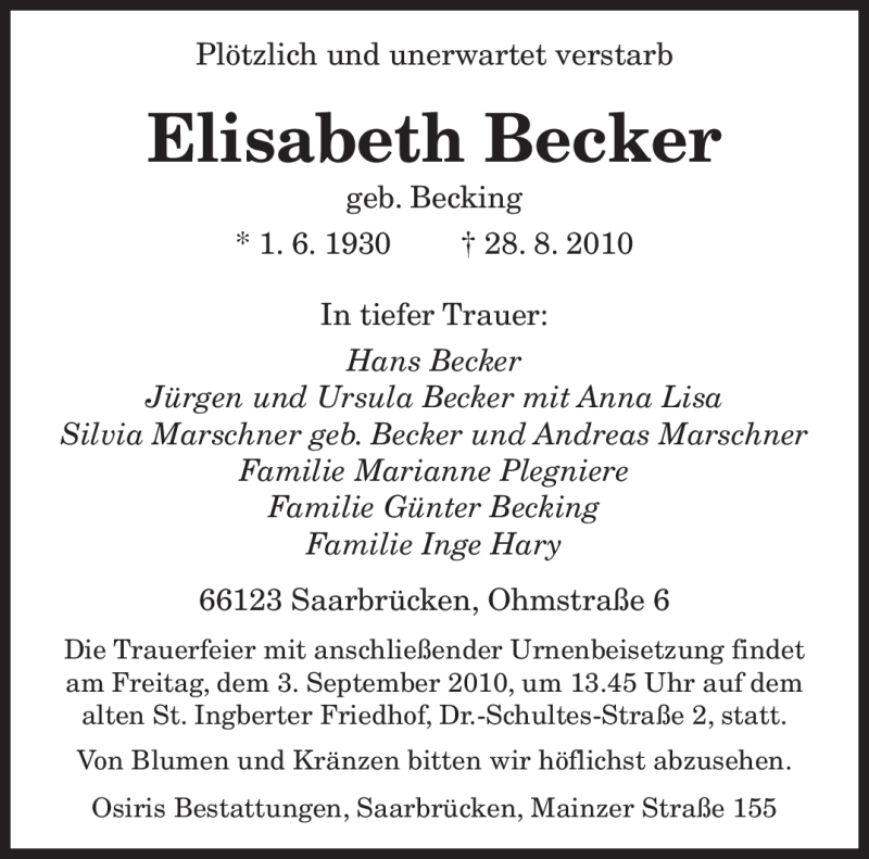  Traueranzeige für Elisabeth Becker vom 31.08.2010 aus Tageszeitung