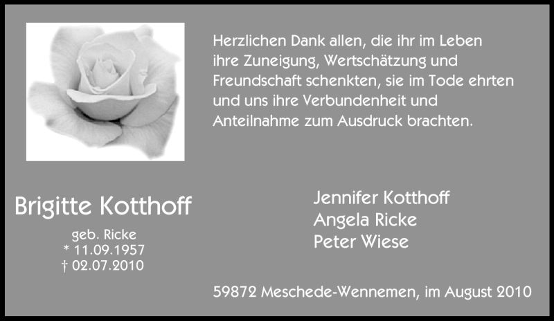  Traueranzeige für Brigitte Kotthoff vom 04.08.2010 aus Tageszeitung
