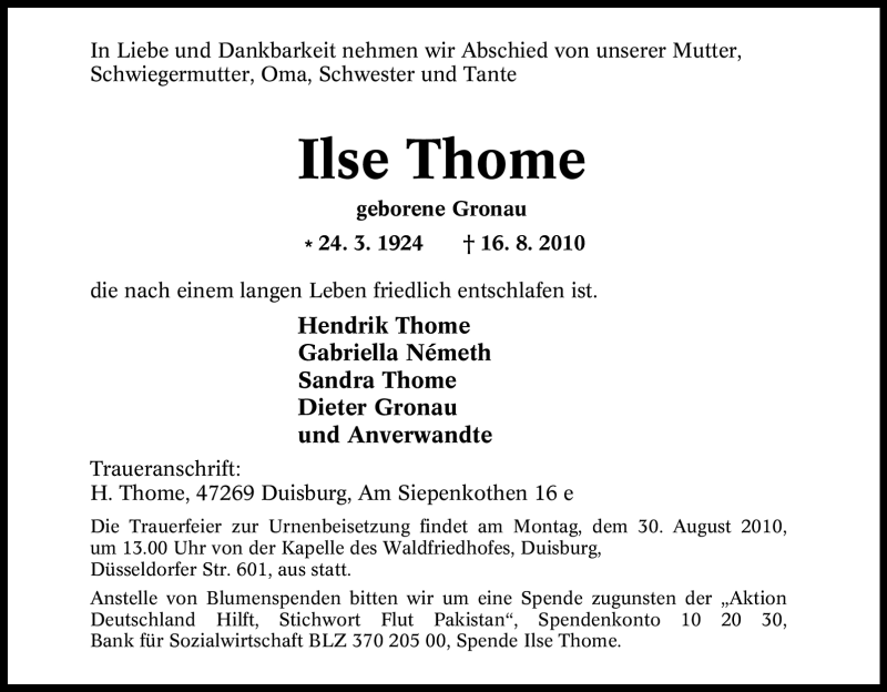  Traueranzeige für Ilse Thome vom 23.08.2010 aus Tageszeitung