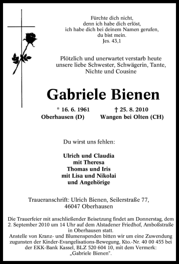 Traueranzeige von Gabriele Bienen von Tageszeitung