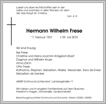 Traueranzeige von Hermann Wilhelm Frese von Tageszeitung