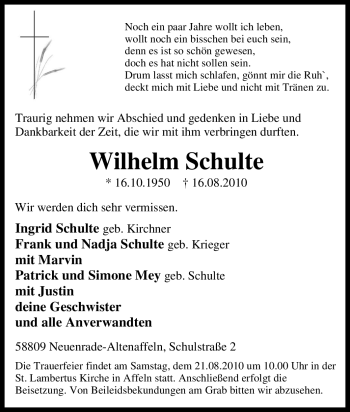 Traueranzeige von Wilhelm Schulte von Tageszeitung