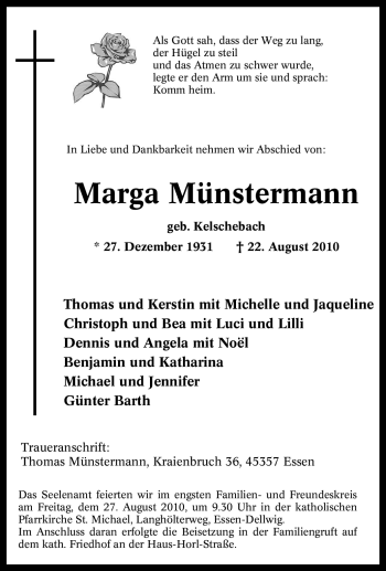 Traueranzeige von Marga Münstermann von Tageszeitung