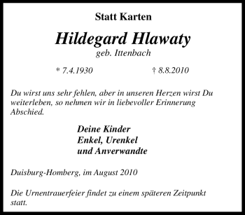 Traueranzeige von Hildegard Hlawaty von Tageszeitung