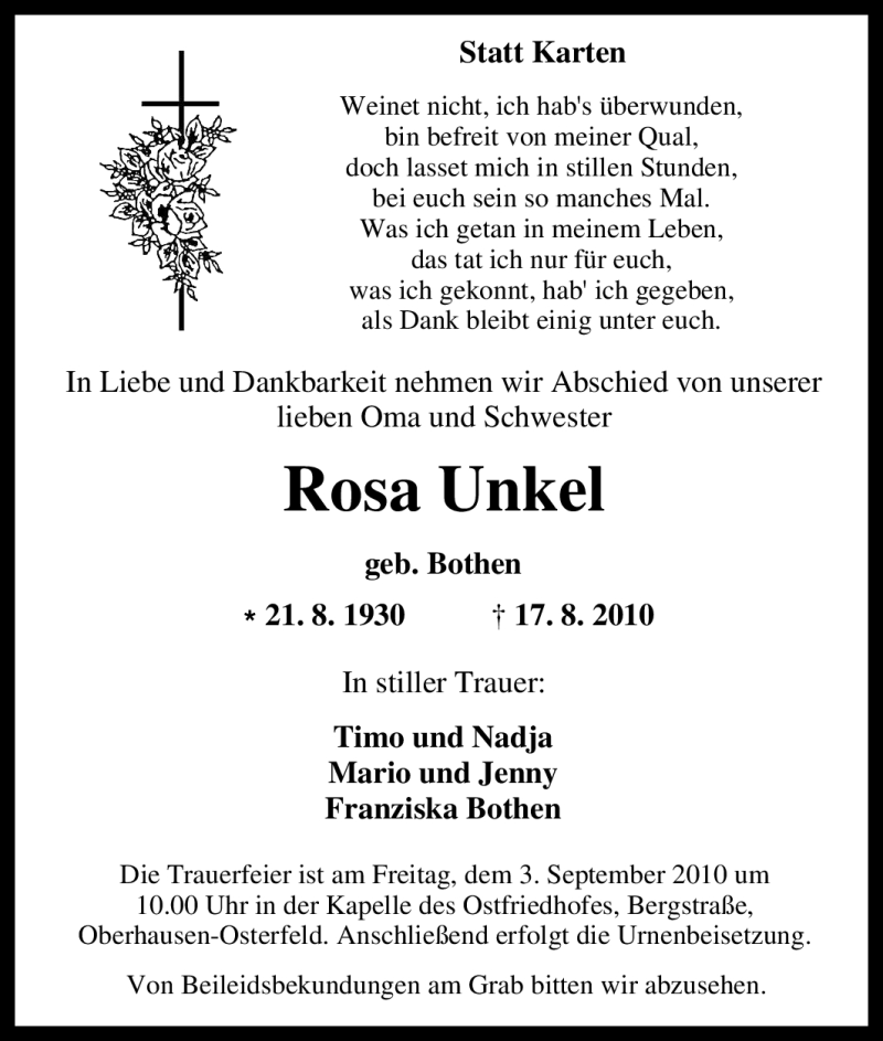  Traueranzeige für Rosa Unkel vom 31.08.2010 aus Tageszeitung