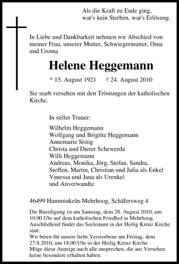 Traueranzeige von Helene Heggemann von Tageszeitung