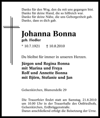 Traueranzeige von Johanna Bonna von Tageszeitung