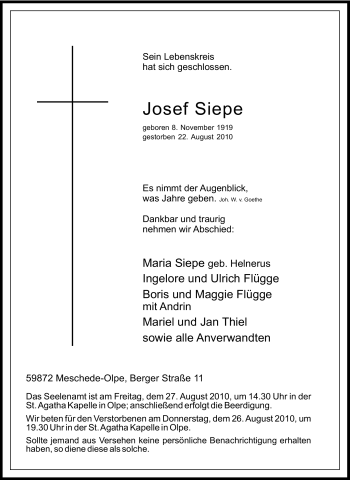 Traueranzeige von Josef Siepe von Tageszeitung