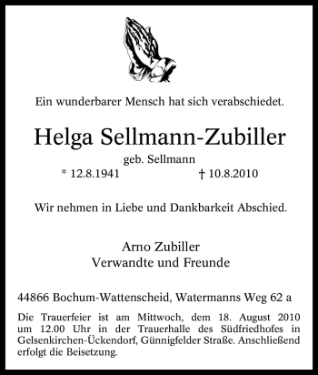 Traueranzeige von Helga Sellmann-Zubiller von Tageszeitung