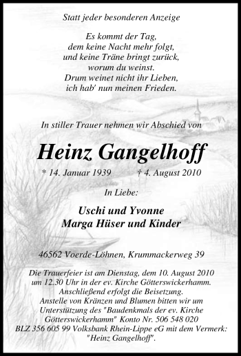 Traueranzeige von Heinz Gangelhoff von Tageszeitung