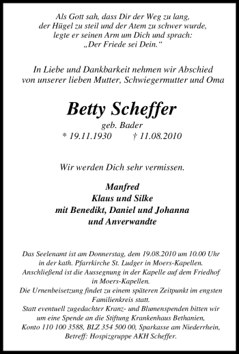 Traueranzeige von Betty Scheffer von Tageszeitung