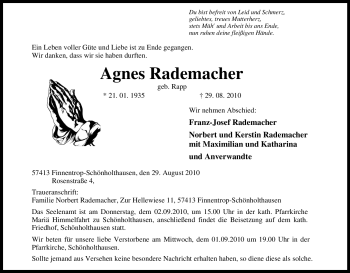 Traueranzeige von Agnes Rademacher von Tageszeitung
