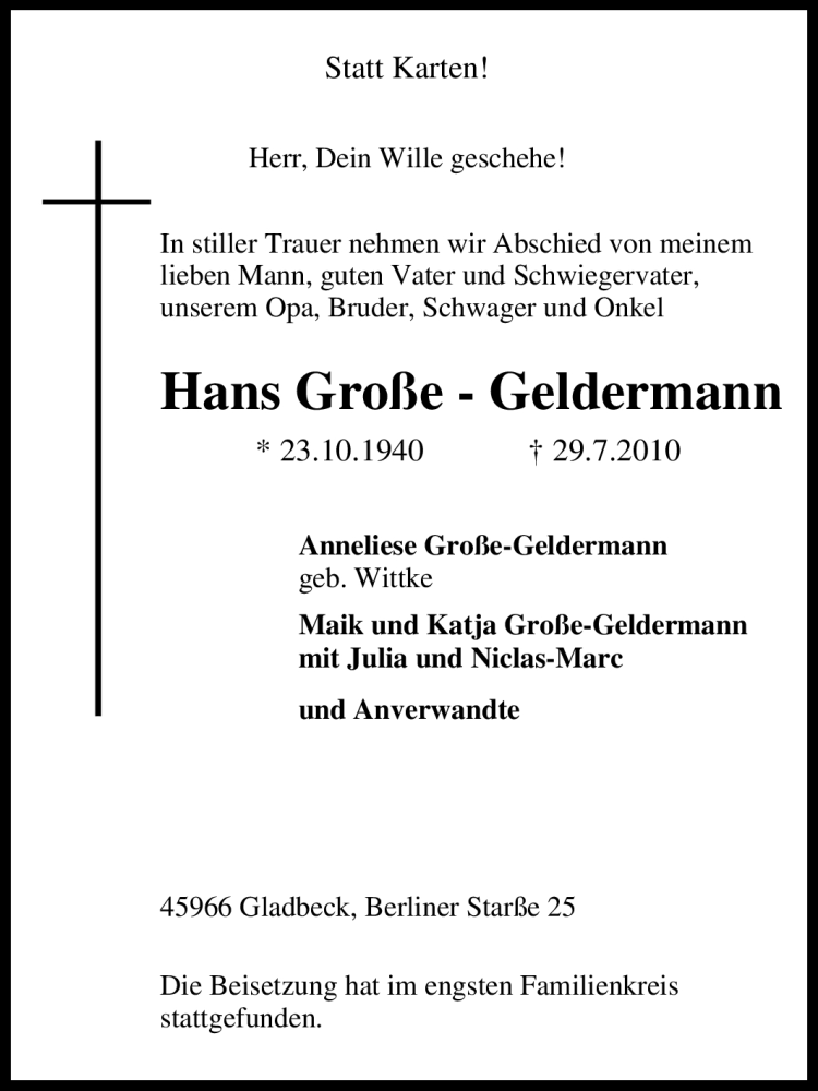  Traueranzeige für Hans Große - Geldermann vom 04.08.2010 aus Tageszeitung