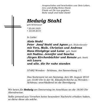Traueranzeige von Hedwig Stahl von Tageszeitung
