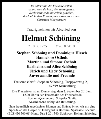 Traueranzeige von Helmut Schöning von Tageszeitung