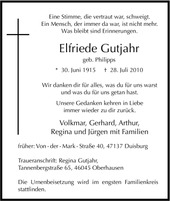 Traueranzeige von Elfriede Gutjahr von Tageszeitung