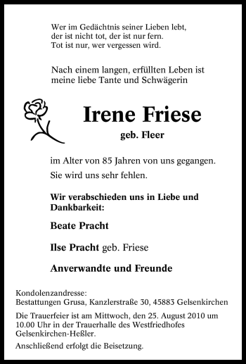 Traueranzeige von Irene Friese von Tageszeitung