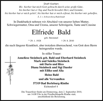 Traueranzeige von Elfriede Bald von Tageszeitung