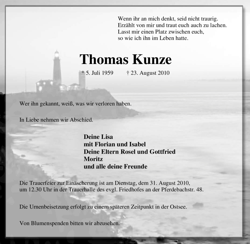  Traueranzeige für Thomas Kunze vom 26.08.2010 aus Tageszeitung