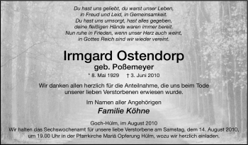 Traueranzeige von Irmgard Ostendorp von Tageszeitung