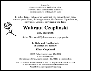 Traueranzeige von Waltraut Czaplinski von Tageszeitung