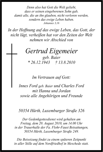 Traueranzeige von Gertrud Eigemeier von Tageszeitung