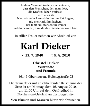 Traueranzeige von Karl Dieker von Tageszeitung