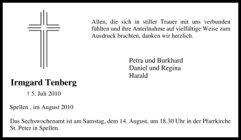Traueranzeige von Irmgard Tenberg von Tageszeitung