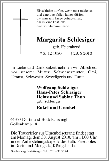 Traueranzeige von Margarita Schlesiger von Tageszeitung