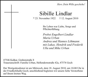 Traueranzeige von Sibille Lindlar von Tageszeitung