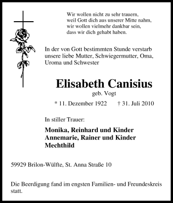 Traueranzeige von Elisabeth Canisius von Tageszeitung
