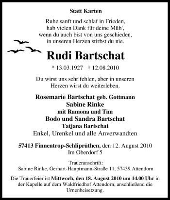 Traueranzeige von Rudi Bartschat von Tageszeitung