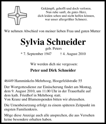 Traueranzeige von Sylvia Schneider von Tageszeitung