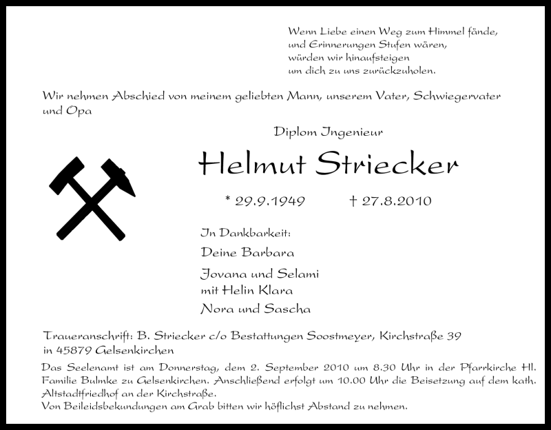  Traueranzeige für Helmut Striecker vom 30.08.2010 aus Tageszeitung