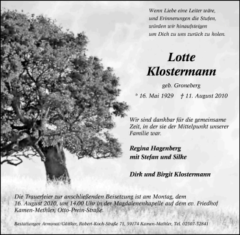 Traueranzeige von Lotte Klostermann von Tageszeitung