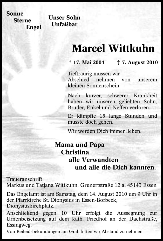  Traueranzeige für Marcel Wittkuhn vom 12.08.2010 aus Tageszeitung