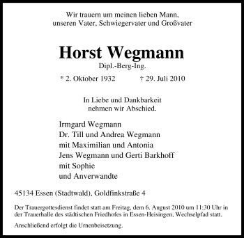 Traueranzeige von Horst Wegmann von Tageszeitung