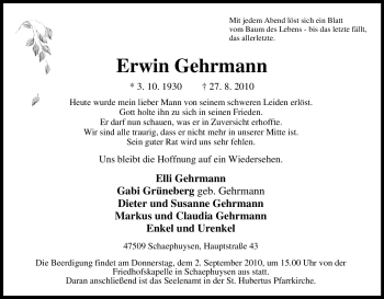 Traueranzeige von Erwin Gehrmann von Tageszeitung