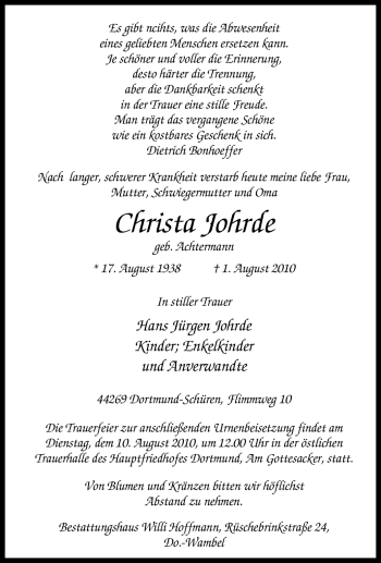 Traueranzeige von Christa Johrde von Tageszeitung