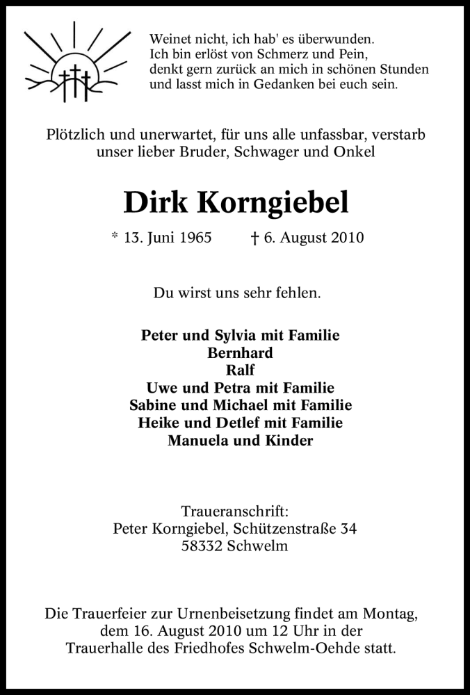  Traueranzeige für Dirk Korngiebel vom 11.08.2010 aus Tageszeitung