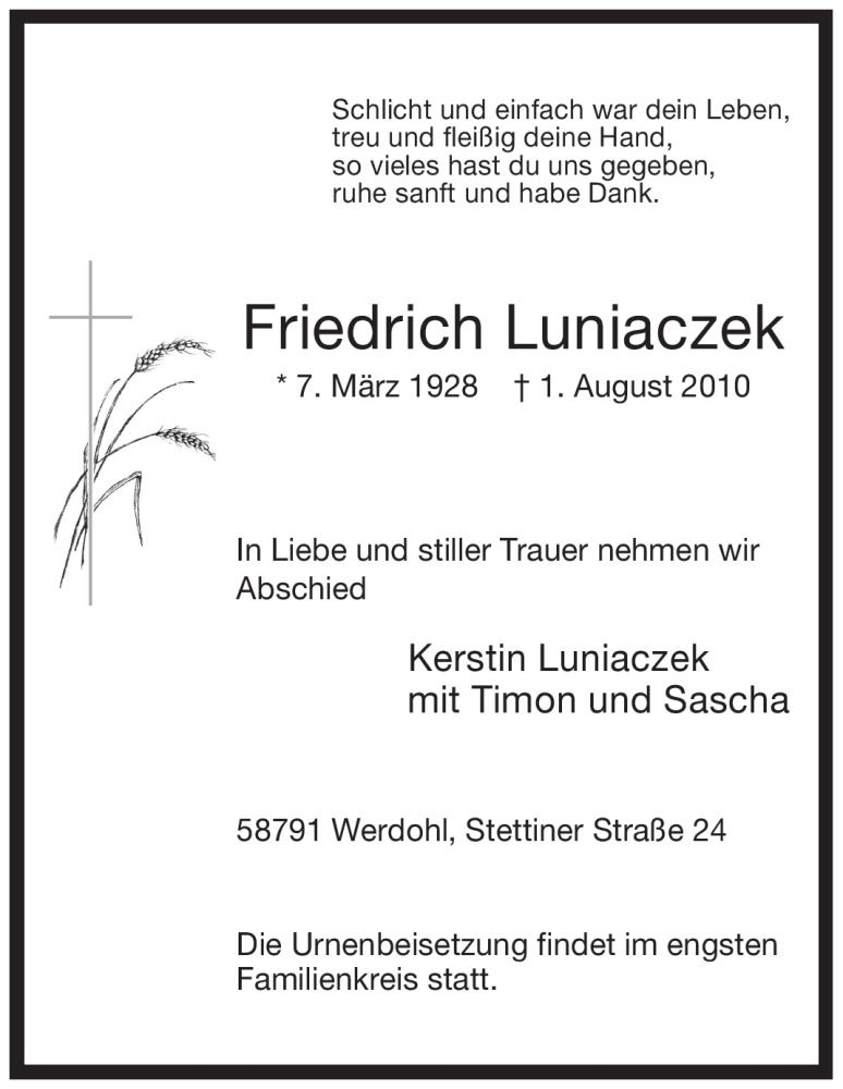  Traueranzeige für Friedrich Luniaczek vom 03.08.2010 aus Tageszeitung