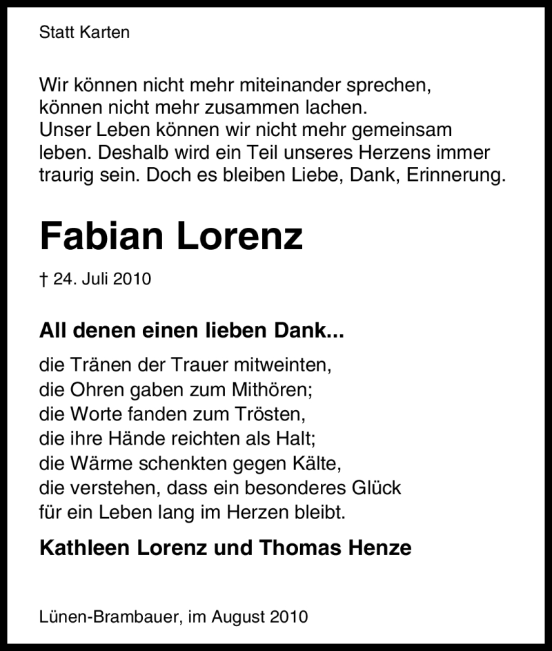  Traueranzeige für Fabian Lorenz vom 21.08.2010 aus Tageszeitung