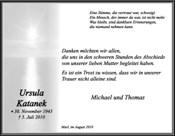 Traueranzeige von Ursula Katanek von Tageszeitung