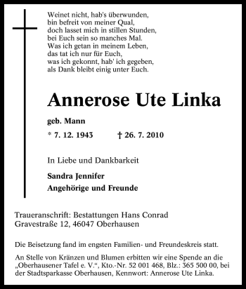 Traueranzeige von Annerose Ute Linka von Tageszeitung