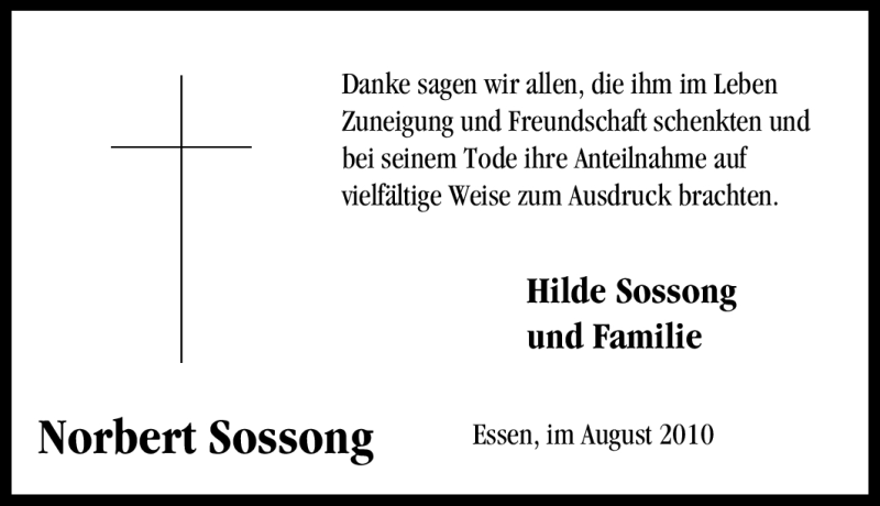  Traueranzeige für Norbert Sossong vom 26.08.2010 aus Tageszeitung