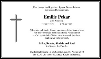Traueranzeige von Emilie Pekar von Tageszeitung