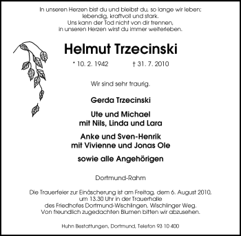 Traueranzeige von Helmut Trzecinski von Tageszeitung