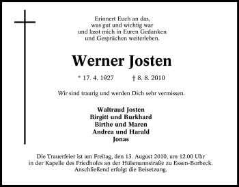 Traueranzeige von Werner Josten von Tageszeitung