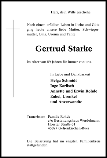 Traueranzeige von Gertrud Starke von Tageszeitung