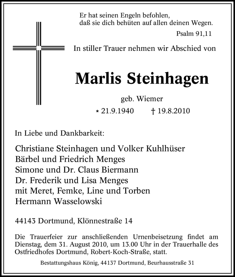  Traueranzeige für Marlis Steinhagen vom 28.08.2010 aus Tageszeitung
